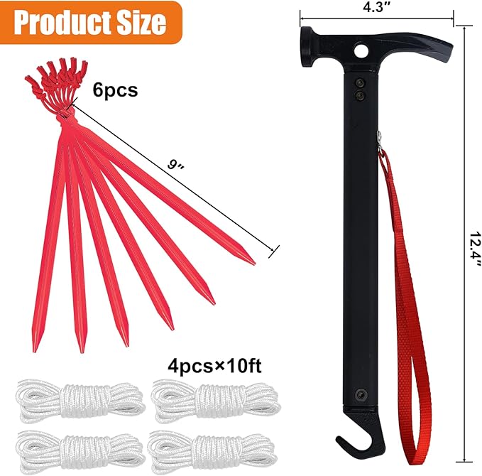 Eurmax USA Hiking Camping Tent Stakes and Hammer Set Lightweight Multi-Function Tent Hammer with Tent Stake Remover,Tent Pegs for Camping, Hiking, Backpacking, Gardening(Red Stakes)