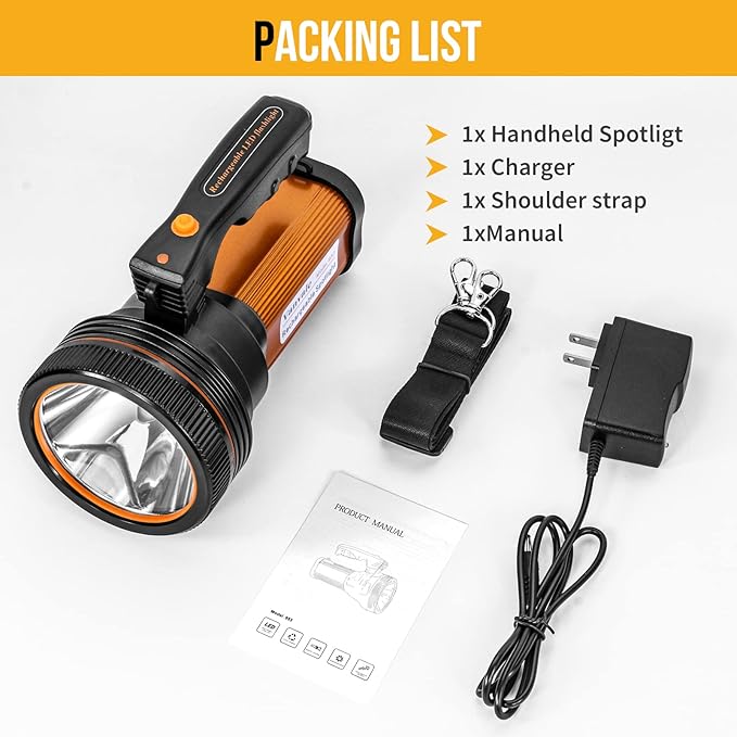 Rechargeable Searchlight Handheld LED Tactical Flashlight with Handle Spotlight 6000 Lumens High-Power Super Bright Torch with USB Output Torch (Gold)