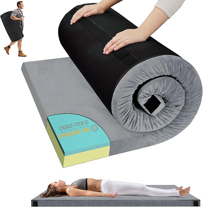 Memory Foam Camping Mattress Pad, Portable Sleeping Pad Roll Up Travel Mattress Waterproof Foldable Floor Cot Mattress Guest Bed for Sleepover
