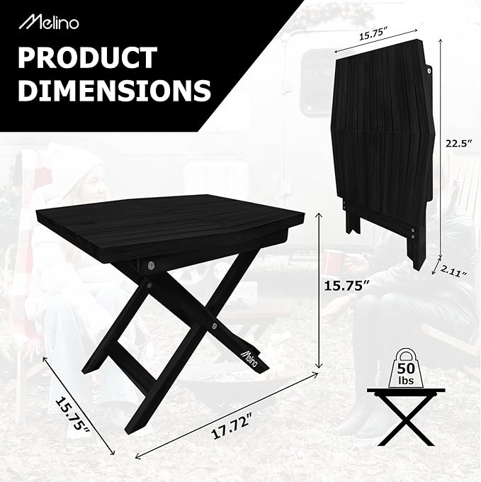 Melino Wooden Folding Outdoor Side Table, FSC Certified Acacia Weatherproof Side Tables, Wood Folding Small Table for Outdoor, Patio, Porch, Pool, Backyard, Garden, Balcony and Deck - Black