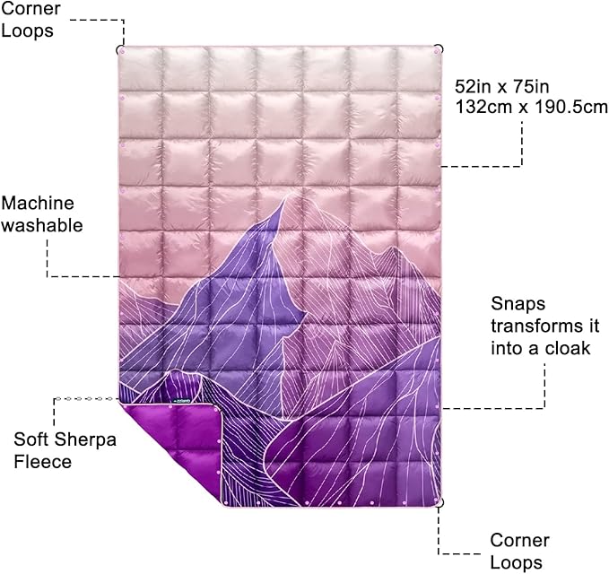 zzlamb Camping Blanket, Outdoor Lightweight Travel Blanket Puffy Portable Down Alternative, Windproof Warm Cloak with Snaps, Cozy Quilt Backpacking Picnic RV Plane Car Hammock Beach Climbing