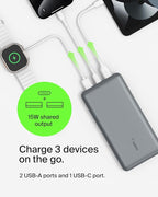 Belkin Portable Charger, USB C Power Bank 20000 mAh w/ 2 USB-A Ports, 15W w/A to C Cable - iPhone 17, Air, Pro, Pro Max, AirPods, Samsung Galaxy S25, iPad, Nintendo Switch 2, Google Pixel 10 - Gray
