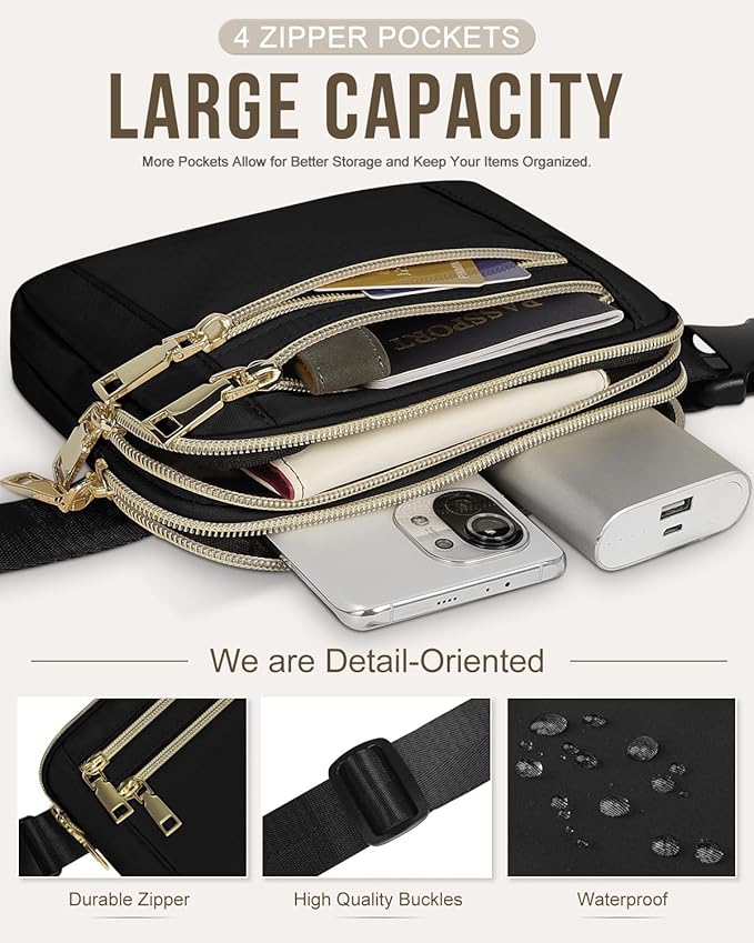 Capolo Fanny Packs for Women Fashion Waist Packs Bag with Adjustable Strap and 4 Zipper Pockets Waterproof Everywhere Crossbody Belt Bag for Workout Running Travelling(Black, Large)