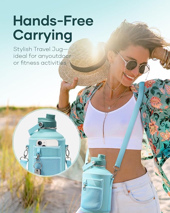 BUZIO 64oz Insulated Water Bottle, Stainless Steel Water Flask with Straw Lid and carrying pouch, Keep Cold 48h Leak Proof Double Wall Vacuum Travel Mug Metal Canteen for Gym Camp Beach, Green