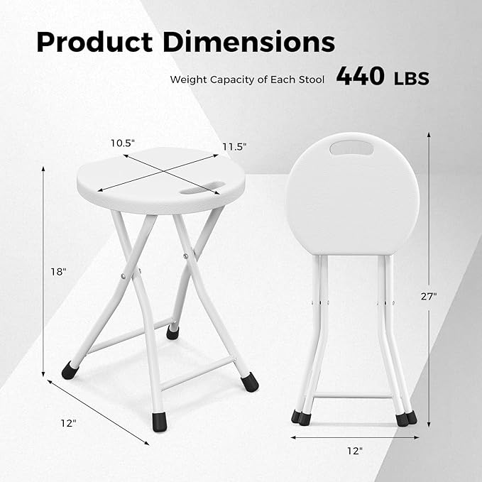 Goplus Folding Stool, 4 Pack 18 inch Foldable Camping Stool for Adults with 440 lb Capacity, Portable Plastic Fold up Stool, Collapsible Round Stool with Handle for Fishing Hiking Gardening BBQ, White