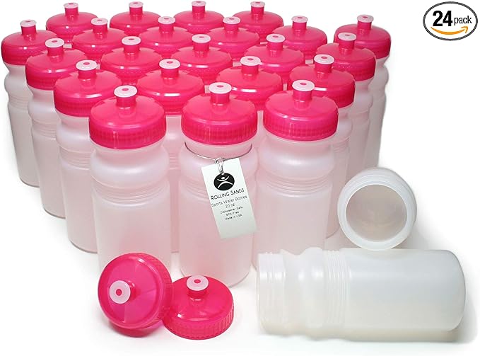 Rolling Sands USA Made 20 Ounce Sports Water Bottles - 24-Pack Bulk BPA-Free Blank Sports Bottles for Teams & Classrooms - Clear Frost Bottle/Pink Lid, No Smell No Taste