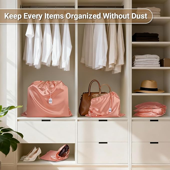 Ewen Pack of 12 Satin Drawstring Dustbags with Blank Tags, Dustproof Packing Pouch Set in Small Medium Large for Travel Essentials, Pink Orange Silk Bag for Handbags Clothes Purse Organization Storage