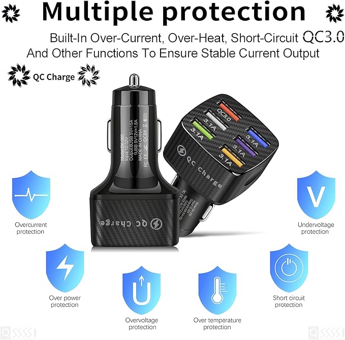 Amiss Car Charger Adapter, 6 USB Multi Port, Fast Charger, Include QC 3.0 and 5 Other Ports, Car Interior Accessories, Fit for iPhone 17/16/15/14/13Pro Max, Samsung, Android (Black 2pcs)