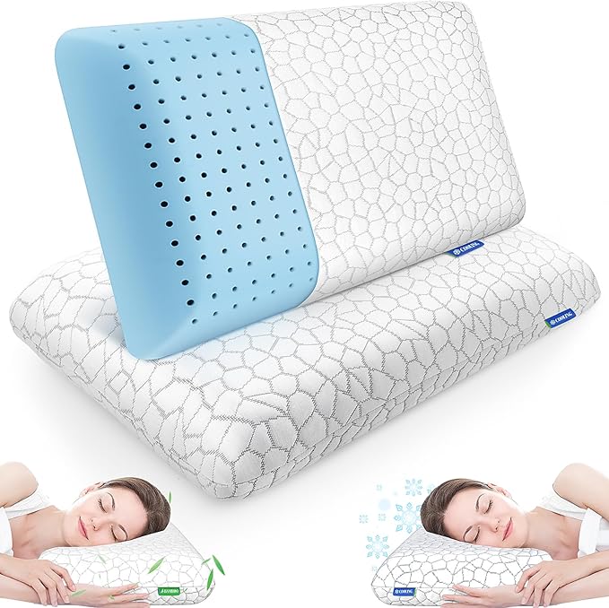 Memory Foam Pillows for Sleeping, Cooling Pillow with Removable and Machine Washable Cover, Bed Pillow for Side, Back and Stomach Sleepers, Queen Size (2 Pack)