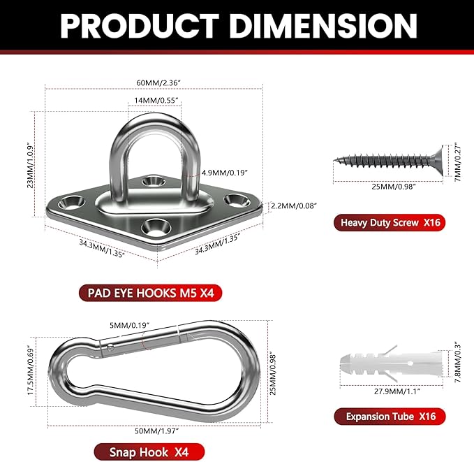 sprookber 304 Stainless Steel Pad Eye Snap Hooks, M5 Heavy Duty Ceiling Hooks, 500 lb Capacity Hammock Swing Hanging kit, Plant Hangers, Marine Hardware Staple Hook Loop with Screws, Set of 8