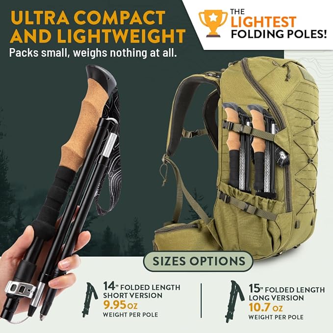 Premium Foldable Hiking Poles by USA Brand - Adjustable, Lightweight Trekking Poles Made of Aircraft Aluminum, Metal Flip Locks & Comfortable Real Cork and EVA Foam Grips