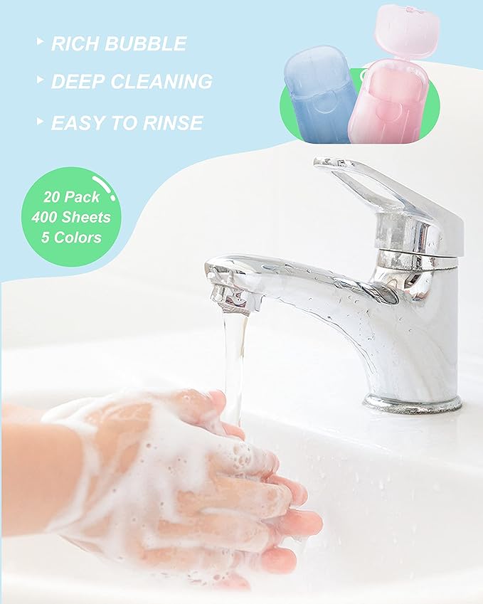 DF DUALFERV Paper Hand Soap Sheets for Traveling, 20 Pack (400 Sheets) Mini Portable Hand Soap Sheets, Scented Disposable Soap Sheet, Colorful Camping Soap Sheets, Travel Soap Sheets for Hand Washing