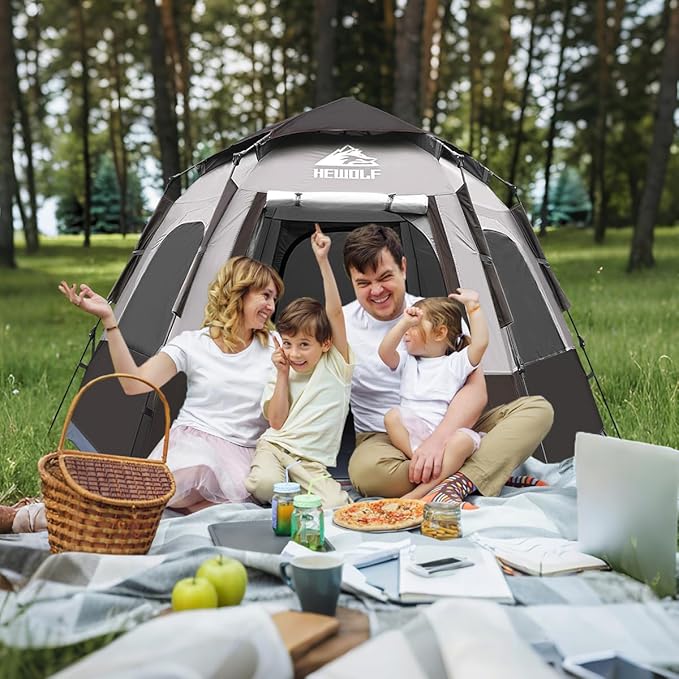 Hewolf 2/3/4 Person Camping Tent - Instant Pop Up Waterproof 2 Doors Tent with Easy Setup | 3-Season Hexagonal Dome Design for Family, Hiking & Traveling