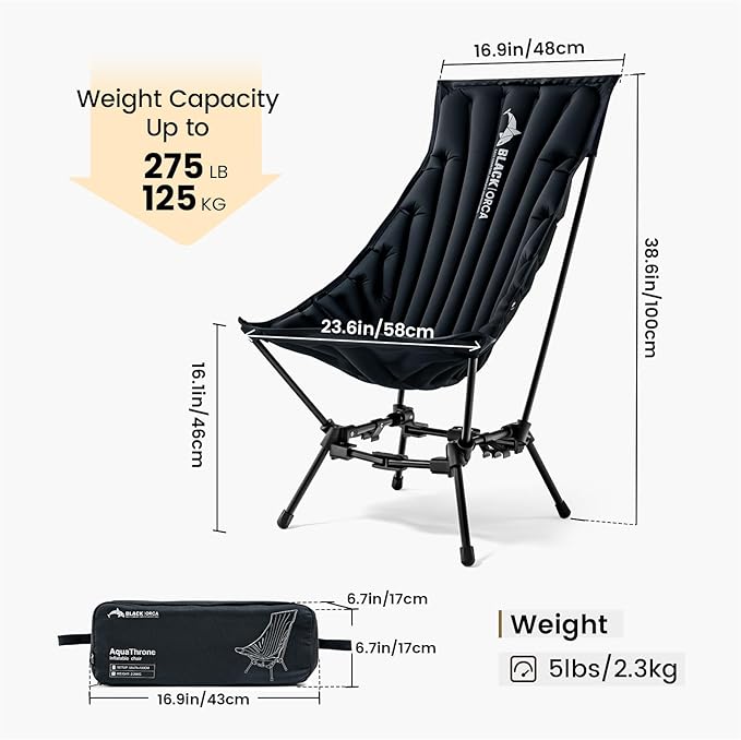 High Back Camping Chairs Inflatable Portable Camping Chair Lightweight Compact Folding Chairs with Carry Bag for Outdoor Backpacking Hiking Beach Lawn Fishing (Black)
