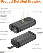Solar Charger, 59800mAh Portable Power Bank for All Phones, Outdoor Waterproof Battery Pack Built in Hand Crank, 15W Wireless Charger 6 Outputs & 3 Inputs/LED Flashlights, Perfect for Camping Travel