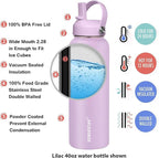 SENDESTAR Water Bottle 40oz Double Wall Vacuum Insulated Leak Proof Stainless Steel Sports Water Bottle—Wide Mouth with New Flex Straw Lid & Spout Lid (lilac)