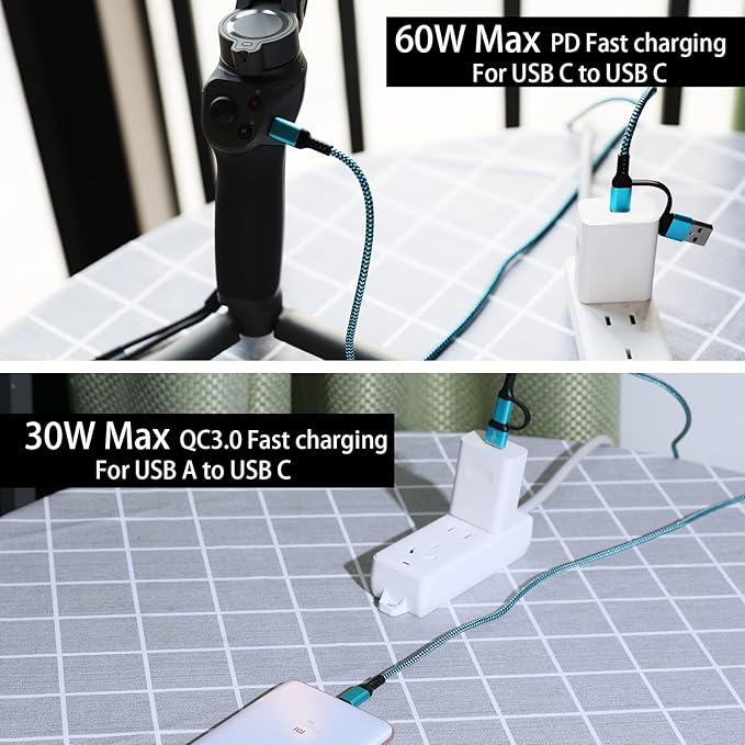USB C to C Cable, 60W 3 Pack Fast Charging Cords 6ft QC & PD 2-in-1 USB-A/C to Type C Charger Cord Compatible with Samsung Galaxy S21 S10 S9 Note20, MacBook Pro 2020/2019