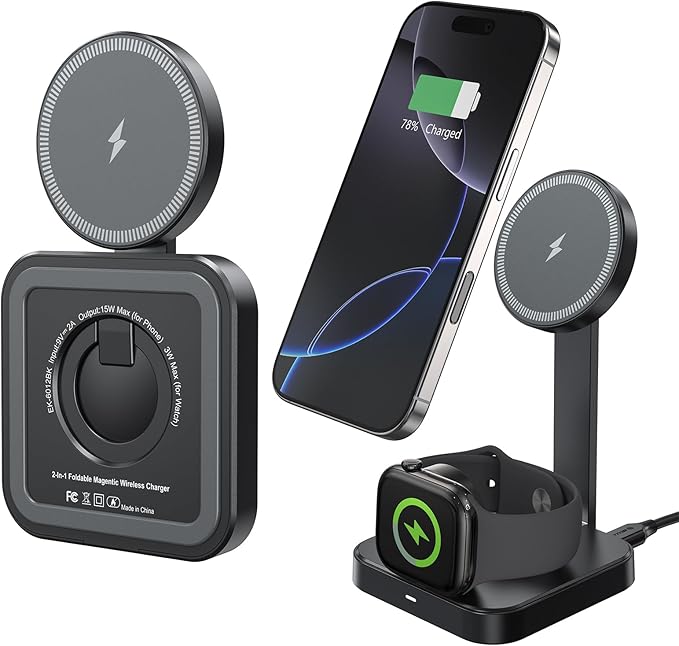 Esoulk 2 in 1 Wireless Charger for iPhone & Watch, 15W Fast Charging for Phone & 5W for Watch, Magnetic Wireless Charger Stand, Compact Foldable Charging Station for Travel