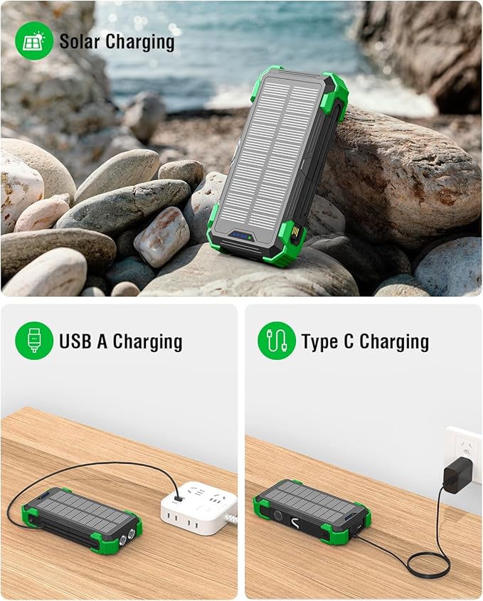 Solar Charger Power Bank, 42800mAh Wireless Portable Charger with USB-C in/Output, QC3.0 Fast Charging 15W 4 Ports Outdoor Battery Pack Built-in Dual Led Flashlights for iPhone Samsung etc