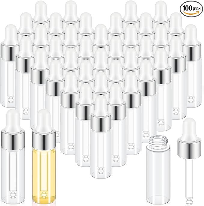 100 Pcs Mini Glass Oil Dropper Bottle Bulk, Clear Essential Small Empty Bottles Sample Containers Perfume Liquid Vials with Cap for Traveling (5 ml,Sliver)