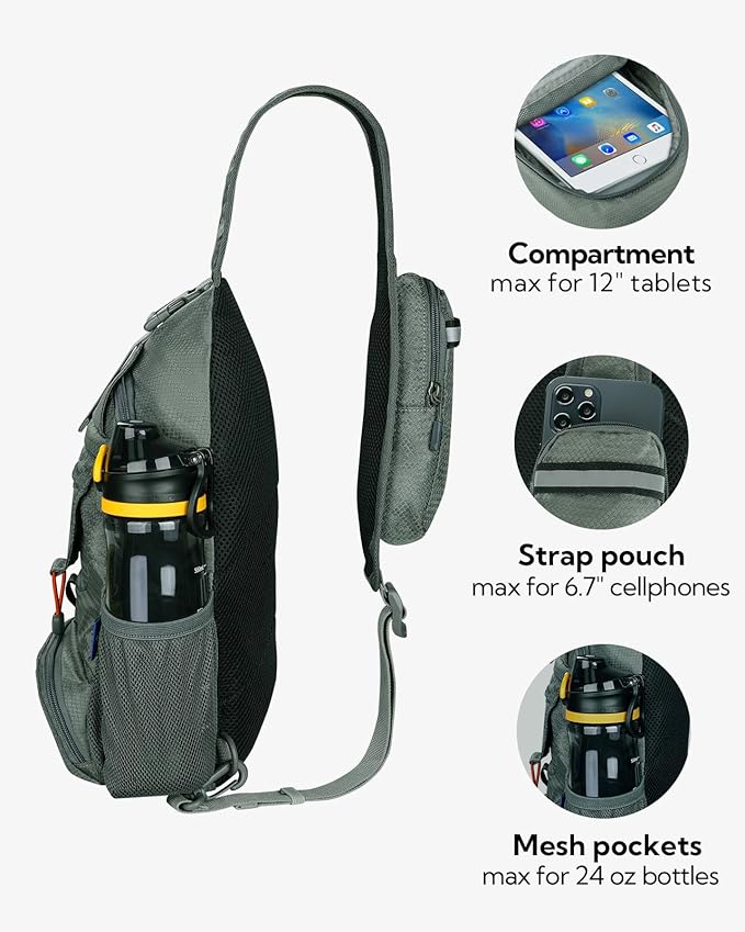 WATERFLY Packable Small Crossbody Sling Backpack Shoulder Chest Bag Daypack for Hiking Traveling Grey