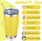 20 oz Tumbler with Lids and Straws, Stainless Steel Insulated Travel Coffee Mug, Double Wall Vacuum Insulated Tumblers, Powder Coated Coffee Tumbler for Cold & Hot Drinks (Yellow)
