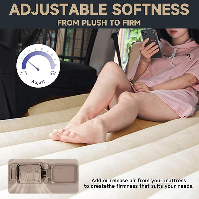 Self-Inflating SUV Air Mattress Back Seat with Built-in Pump - Portable Air Couch for Car Camping Travel, Flocking Surface, Fast Inflation Deflation, Beige Brown
