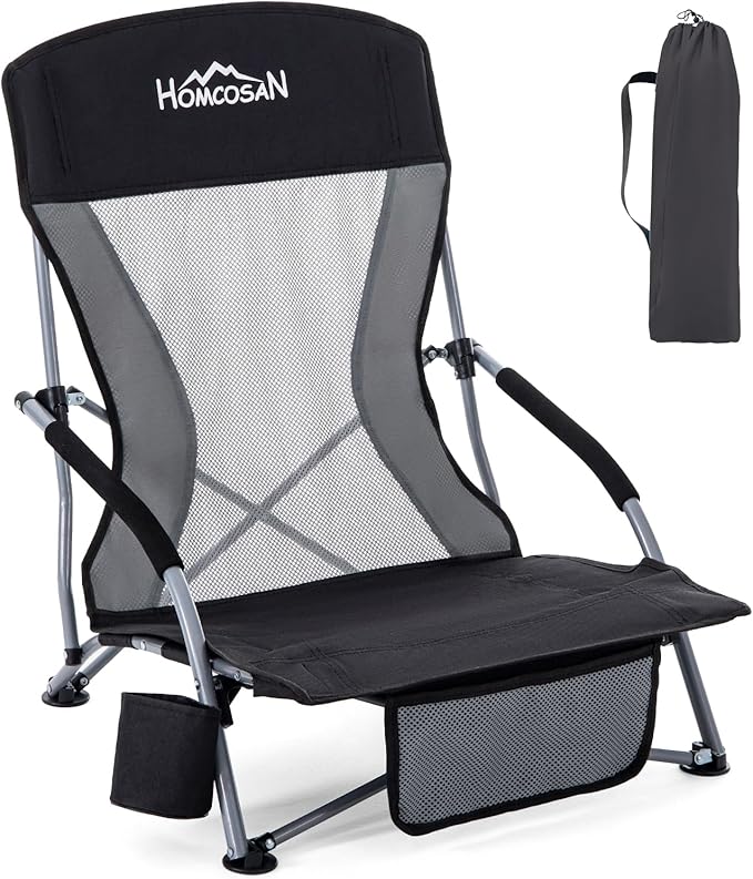 Homcosan Portable Low Folding Beach Chair - Lightweight Camping Chair for Adults with Cup Holder & Storage Pocket, Carry Bag Included (Black & Gray)