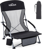 Homcosan Portable Low Folding Beach Chair - Lightweight Camping Chair for Adults with Cup Holder & Storage Pocket, Carry Bag Included (Black & Gray)