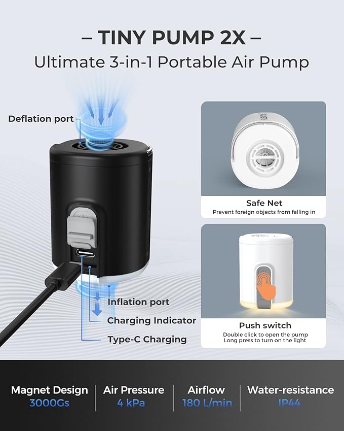 FLEXTAILGEAR Portable Air Pump with Camping Lantern Tiny Pump 2X 4kPa Air Pump for Inflatables Rechargeable Air Mattress Pump with Magnetic Design for Sleeping Pads, Pool Floats, Swimming Rings(White)