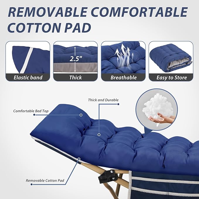 Folding Camping Cot for Sleeping, Portable Cots for Adults, Heavy Duty Cot Bed 550LBS(Max Load), Extra Wider Cots with Large Pocket for Outdoor, Office, Beach