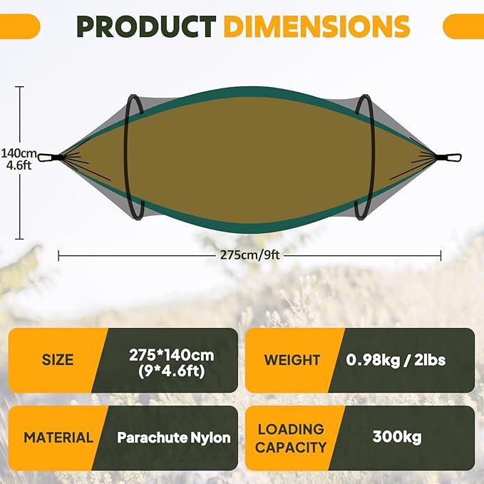 Chihee Ultra-Light Travel Camping Hammock Pop-up Net Hammock 660lbs Load Capacity,Breathable,Quick-Drying Parachute Nylon 2 Premium Carabiners,2 Tree Slings Included for Outdoor Backpacking Hiking