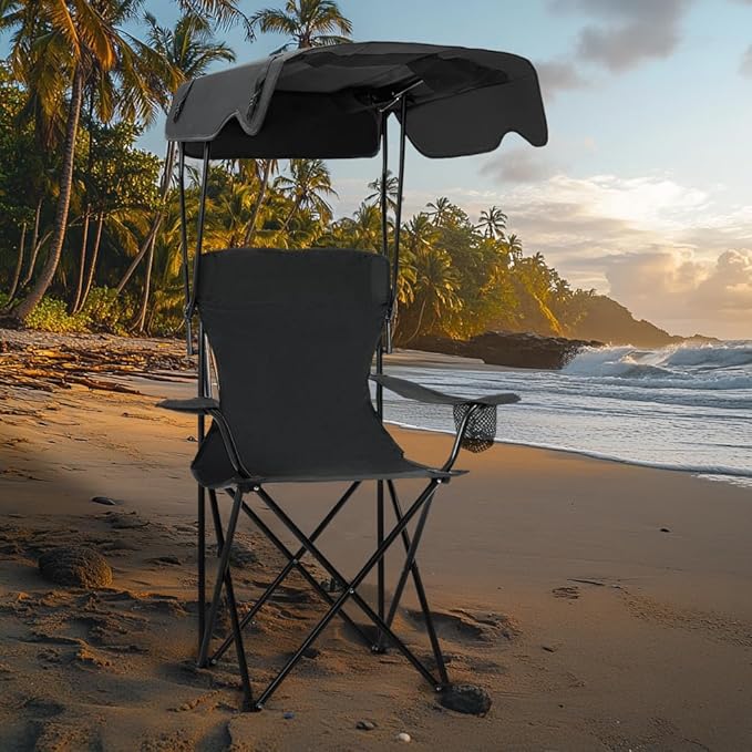 Folding Camping Chair with Canopy, Portable Outdoor Beach Chair for Fishing, BBQ, Picnic, Backyard, Lightweight Sun Shade Chair with Cup Holder, Black