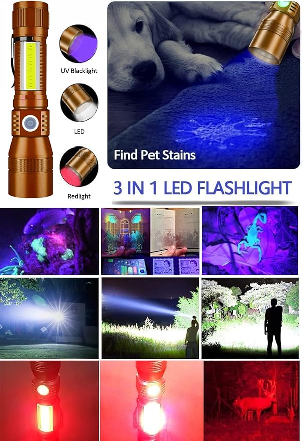 Black Light UV Flashlight Rechargeable, 3in1 Super Bright Tactical Flashlights LED UV Black Light &Redlight, 1500Lumen 7Modes, Zoomable, Waterproof Pocket Flashlight for Pet Stains Detection,Camping
