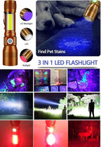 Black Light UV Flashlight Rechargeable, 3in1 Super Bright Tactical Flashlights LED UV Black Light &Redlight, 1500Lumen 7Modes, Zoomable, Waterproof Pocket Flashlight for Pet Stains Detection,Camping