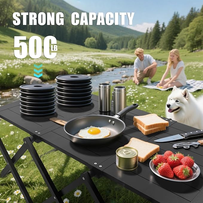 Camping Table and Chairs Set, 2-in-1 Aluminum Folding Table with 3-Tier Storage Rack, Heavy Duty Portable Camp Kitchen for Outdoor, Camping, Hiking, Beach