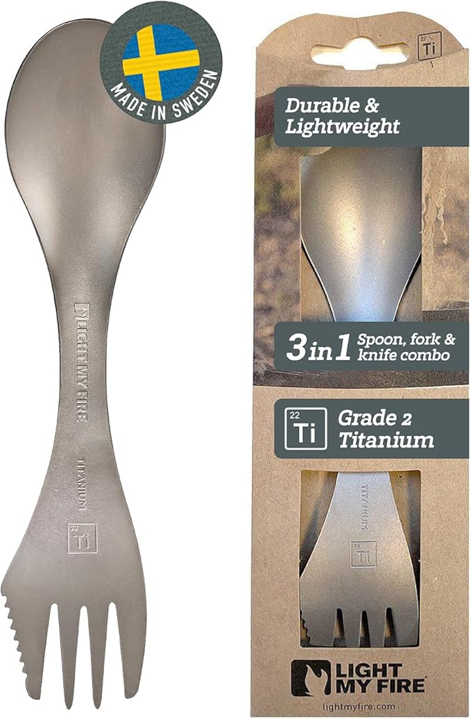 Light My Fire Titanium Spork Camping Spoon Fork Knife Combo Reusable Travel & Camping Utensils - Unbreakable Non-Toxic BPA Free Outdoor Backpacking Hiking Picnic Utensil, 1 Metal Spork