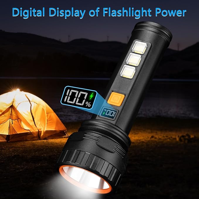 Solar Flashlights, 1500 Lumens Led Solar Powered Flashlights with Digital Display 2000mAh Battery Rechargeable Handheld Flashlights IP65 Waterproof Flashlights for Survival Emergencies, 1 Pack