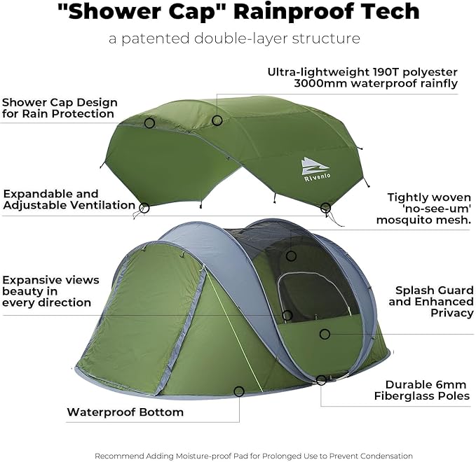 4/6 Person Easy Pop Up Tent, Waterproof, Automatic Setup,2 Doors-Instant Family Tents for Camping, Hiking & Traveling