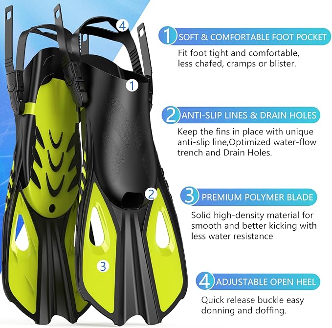 Snorkeling Gear for Adults Men Women, 3 in 1 Snorkel Set with Panoramic View Diving Mask Anti-Fog Anti-Leak, Snorkel Mask Dry Top Snorkel Fins for Swimming, Snorkeling and Travel Diving