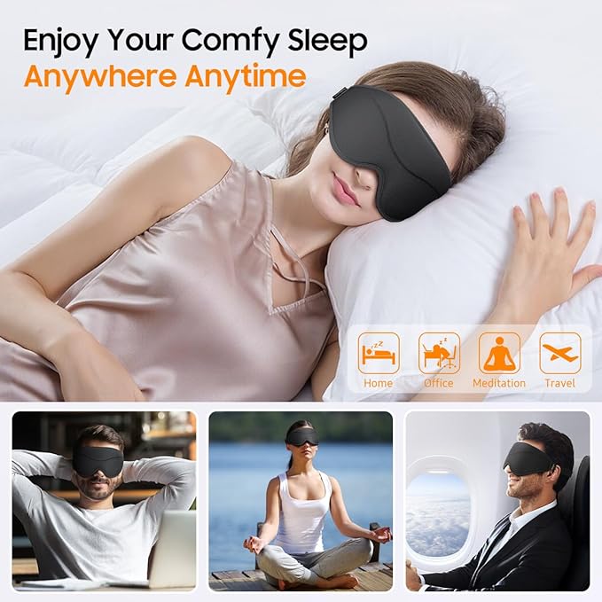Sleep Mask, Premium Eye Mask for Sleeping, Total Blackout, Super Soft Comfort, Adjustable Fit, Upgraded 3D Ergonomic Designed Sleeping Mask for Home, Office, Travel, Meditation, Yoga, Black