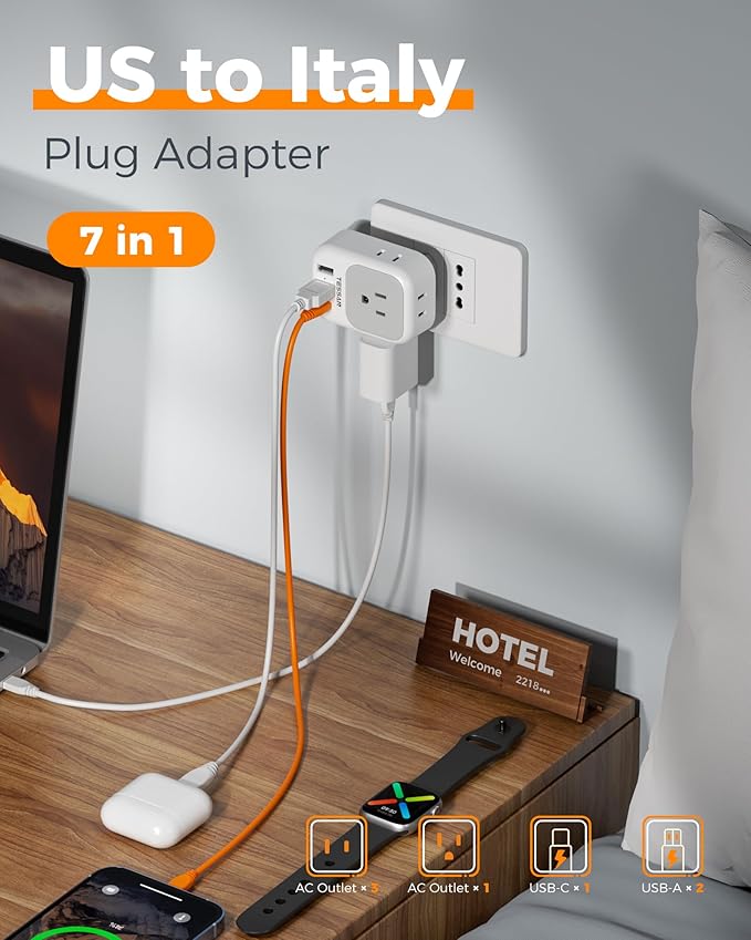 Italy Travel Plug Adapter PD 20W, TESSAN Type L Adapter for Travel with 4 Outlets 3 USB Ports (1 USB-C), Power Adaptor for US to Italy Chile Rome Uruguay Milan Libya