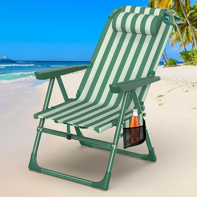 Suteck Backpack Beach Chair for Adults - 6-Position Folding Reclining Chair with Cooler Bag & Cup Holder, Lightweight Portable Beach Chair for Camping, Outdoor, Sand, Travel Use