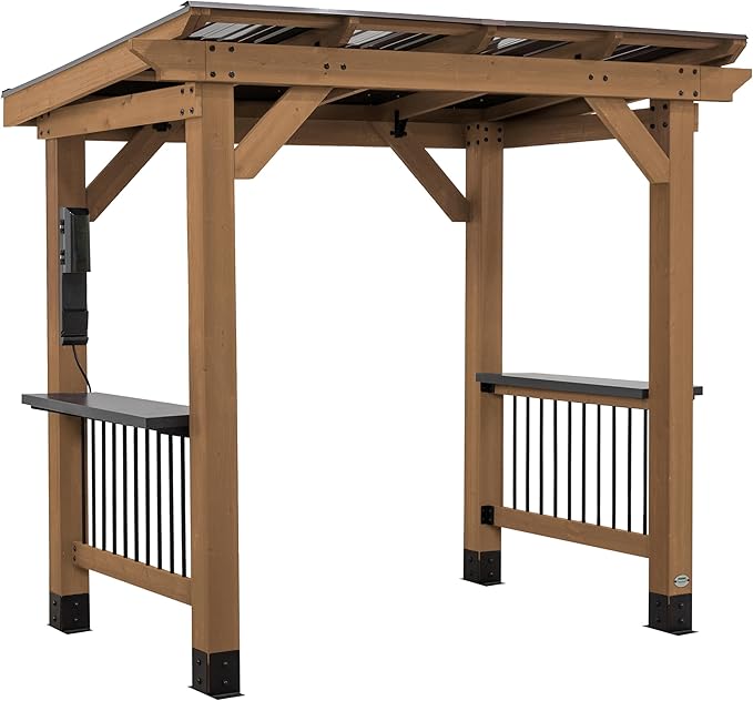 Backyard Discovery Saxony 8' x 5' Cedar Wood BBQ Grill Gazebo Pavilion with Hardtop Galvanized Steel Roof, Bar Tops, Powerport, Snow Support, Wind Resistance, Cook Station for Outdoor Patio or Deck