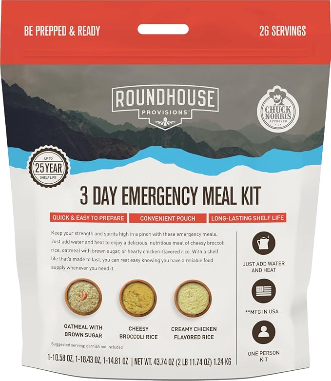 by Chuck Norris Roundhouse Provisions 3 Day, 26 servings Emergency Meal Kit, Grab-and-Go, Premade, Disaster Prep, Hiking, Survival, Adventure, Camping Food, 25 Year Shelf Life.