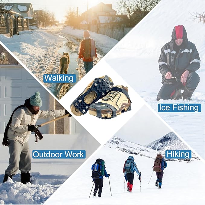 Ice Cleats for Shoes and Boots,Silicone Crampons,11 Stainless Shoe Spikes for Snow and ice,Heavy Duty Traction for Hiking,Climbing &Mountaineering,Ice Fishing (Ultra-Cold -45°C, Easy On/Off，Unisex)