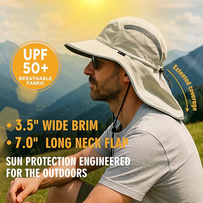 TOP-EX M/L/XL/XXL Unisex Mens Sun Hat with Neck Flap Sunglass Lock UPF 50 Wide Brim Fishing Hats Waterproof & Packable