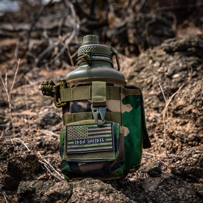 Iron Infidel Battle Bottle - Half Gallon Water Bottle Insulated, 64 oz Stainless Steel Water Jug with Handle- Gym Water Bottle for Men with Rugged Sleeve for Storage (Woodland 2 Liter)