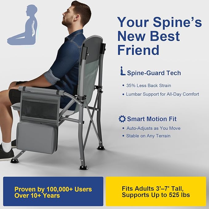 XL Heavy Duty Camping Chair 396lb Capacity (525lb Max) – Waterproof 1680D Oxford Fabric, 2" Padded Seat & Back, Cup Holder, Cooler Pocket, Portable for Camping, Beach & Tailgating (Onyx Black)