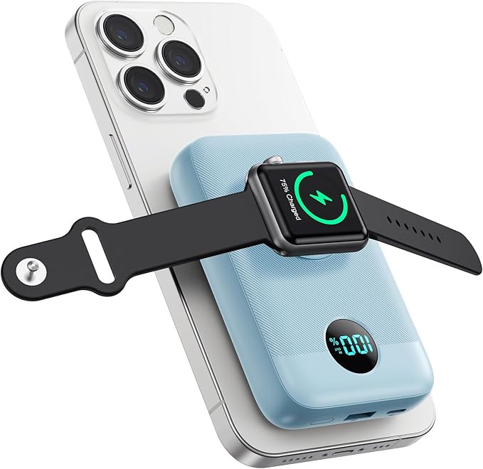 Magnetic Portable Charger 10800mAh,4-in-1 Wireless Power Bank with iWatch Charger, QC4.0+20W PD Fast Charging USB C Battery Pack with LCD Display for Magsafe,iPhone 16/15/14/13,Apple Watch, Sky Blue